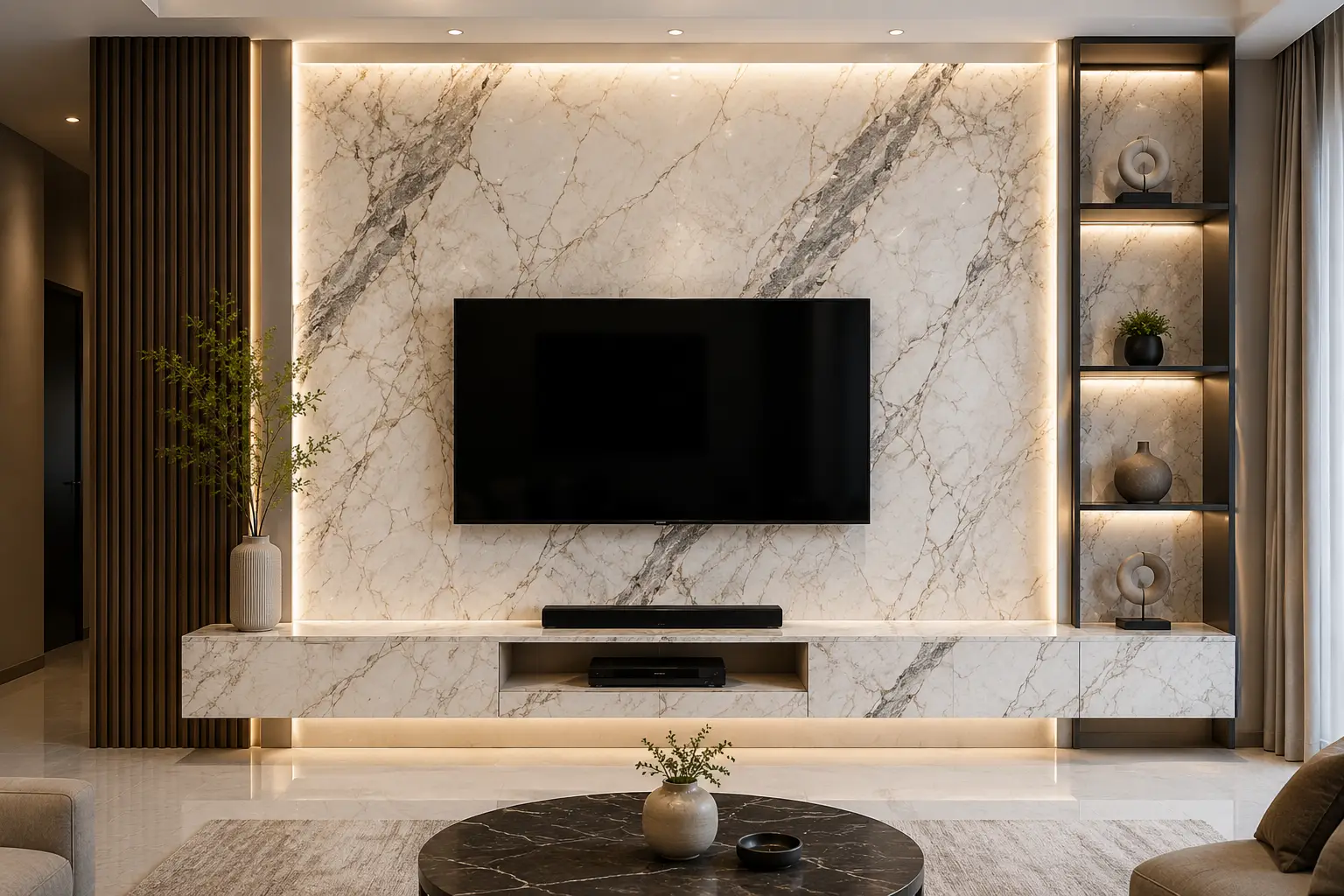 Marble TV Wall and Cabinet Decor in Qatar